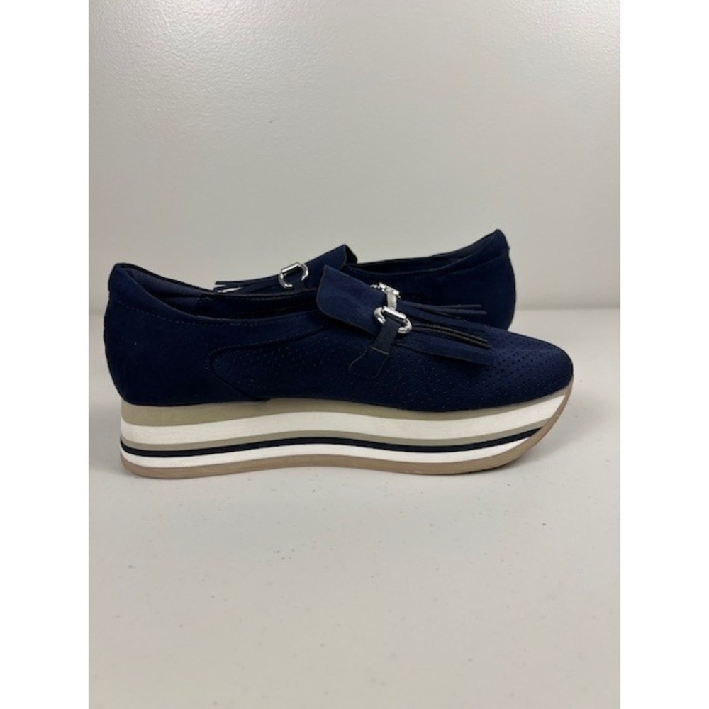 Crown & Ivy Navy Blue Platform Bosco Sneakers Loafers Tassel Striped Sole Sz 8.5 - Picture 10 of 12
